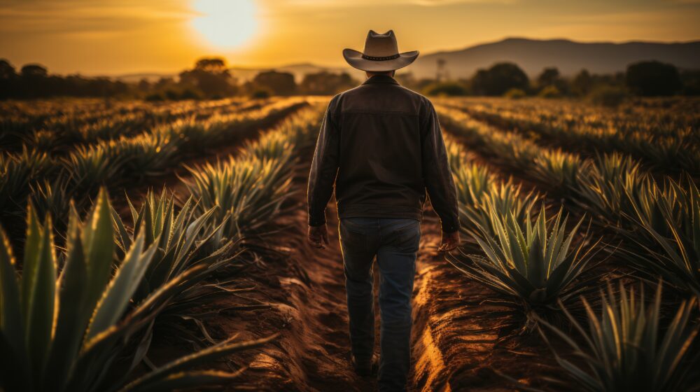 Agave Care | portrait of farmer in cowboy hat on agave field on sunset
